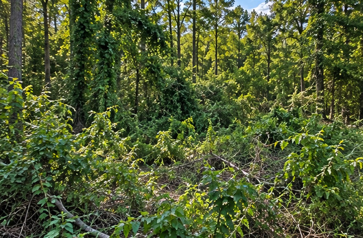 Before clearing: dense pine woods with thick brush and vines