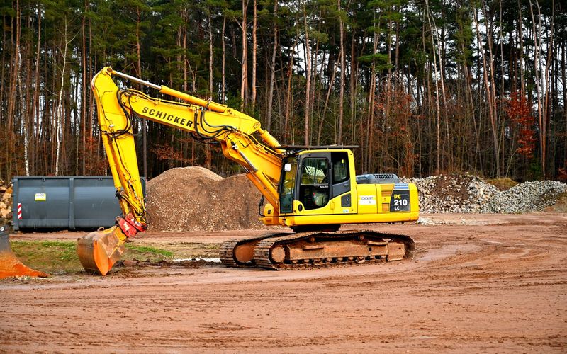 Excavator on a cleared site at a forest edge