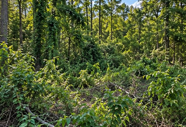 An overgrown wooded lot before clearing