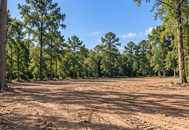 A cleared, graded lot with pines left at the edge